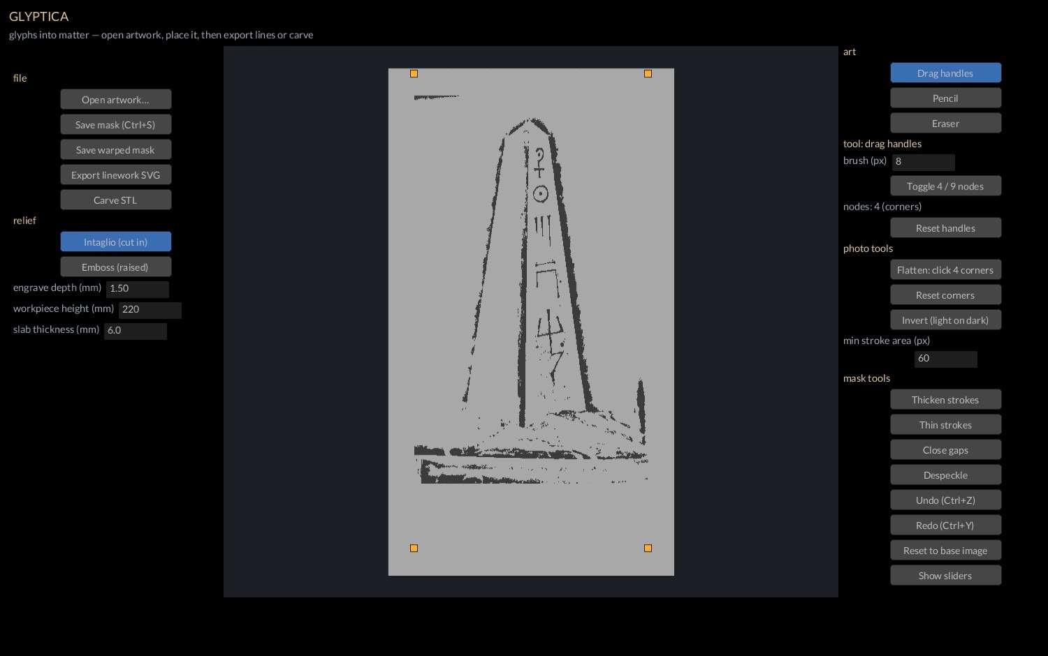 a pencil obelisk, photographed, thresholded to linework in Glyptica