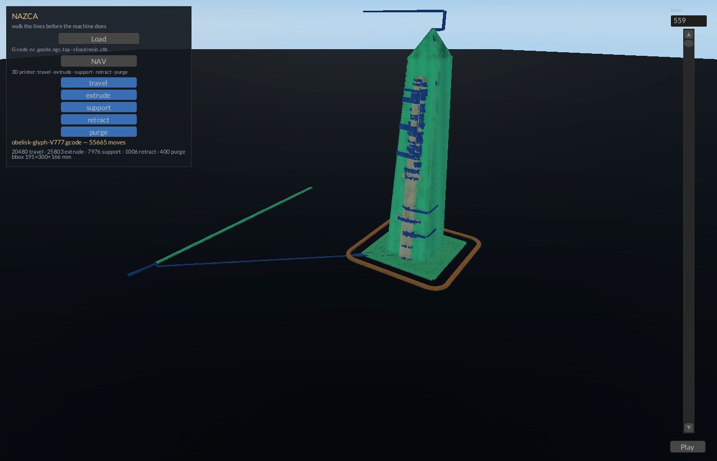 the glyph obelisk print in Nazca: extrude green, support amber, travel blue, layer scrubber